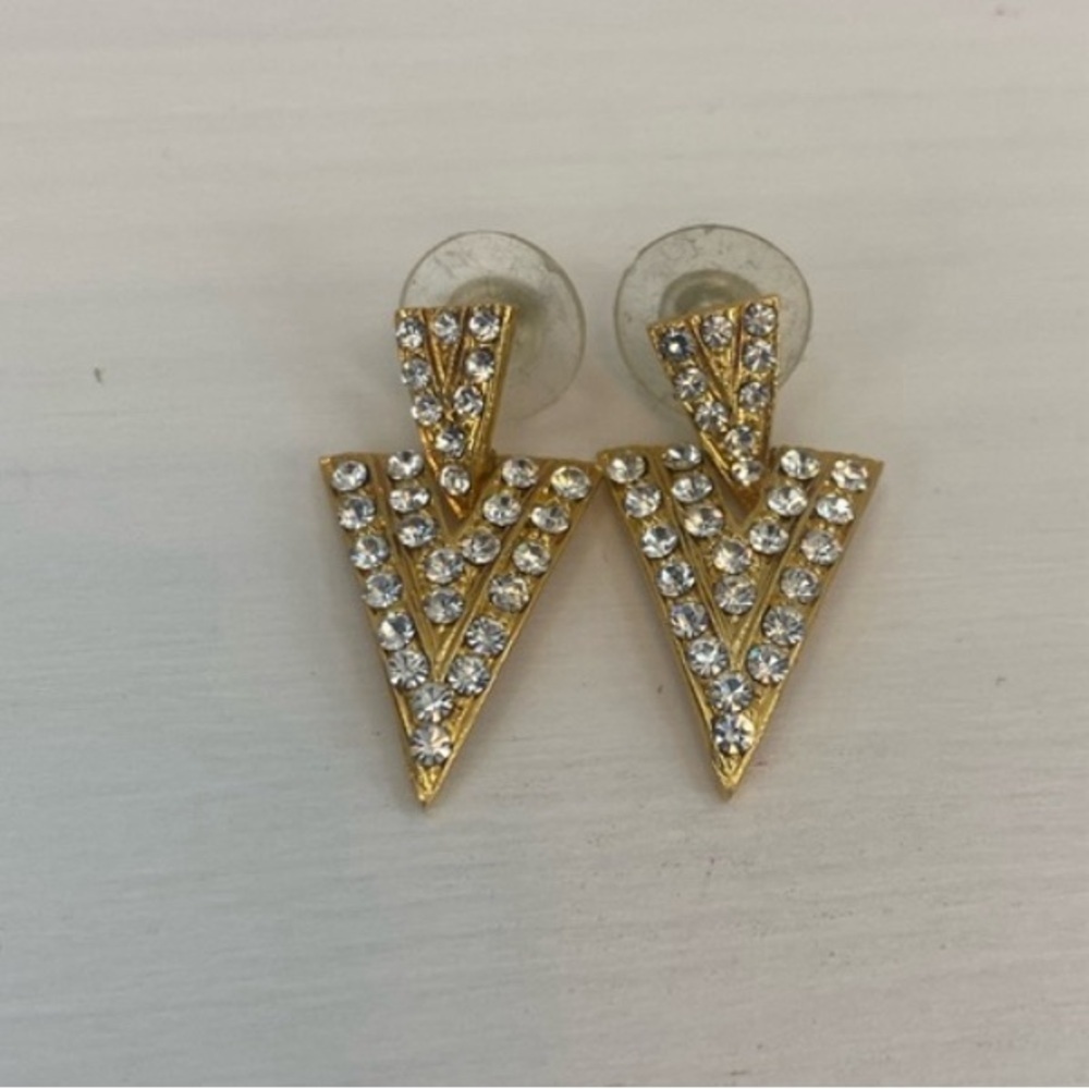 Vintage Gold Tone and Diamond Triangle Dangle Earrings